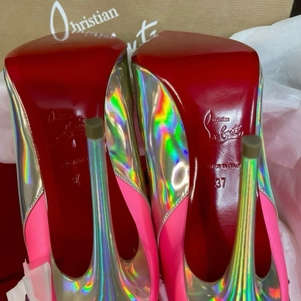Christian Louboutin Jessie Bootie Joli 100mm, Holo patent speccio Slvr Lthr EU37